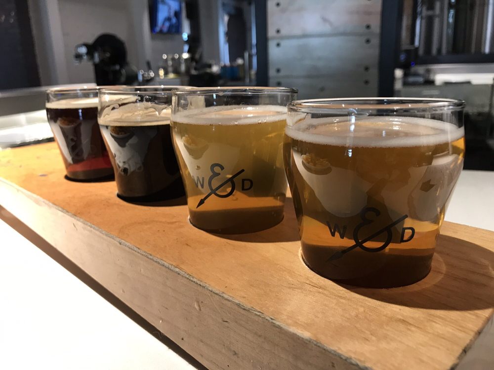 Four small beer glass sampler from Westbound and Down, a brewery in Idaho Springs, Colorado